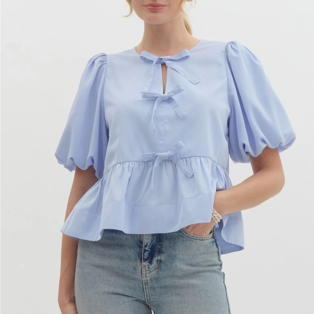 Entro Light Blue Puff Sleeve Blouse